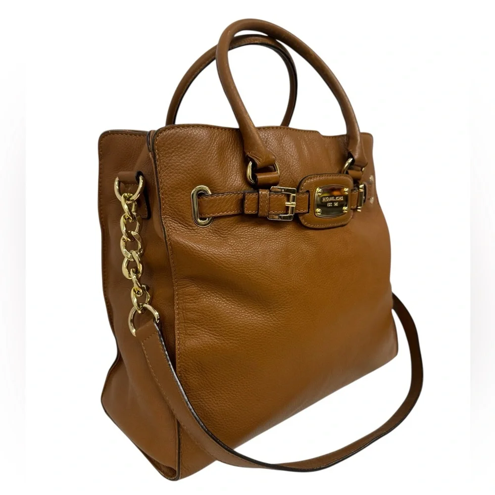 Michael Kors Hamilton Camel Brown Leather Satchel Tote Shoulder Bag 14 x 13 x 6 - Picture 3 of 16